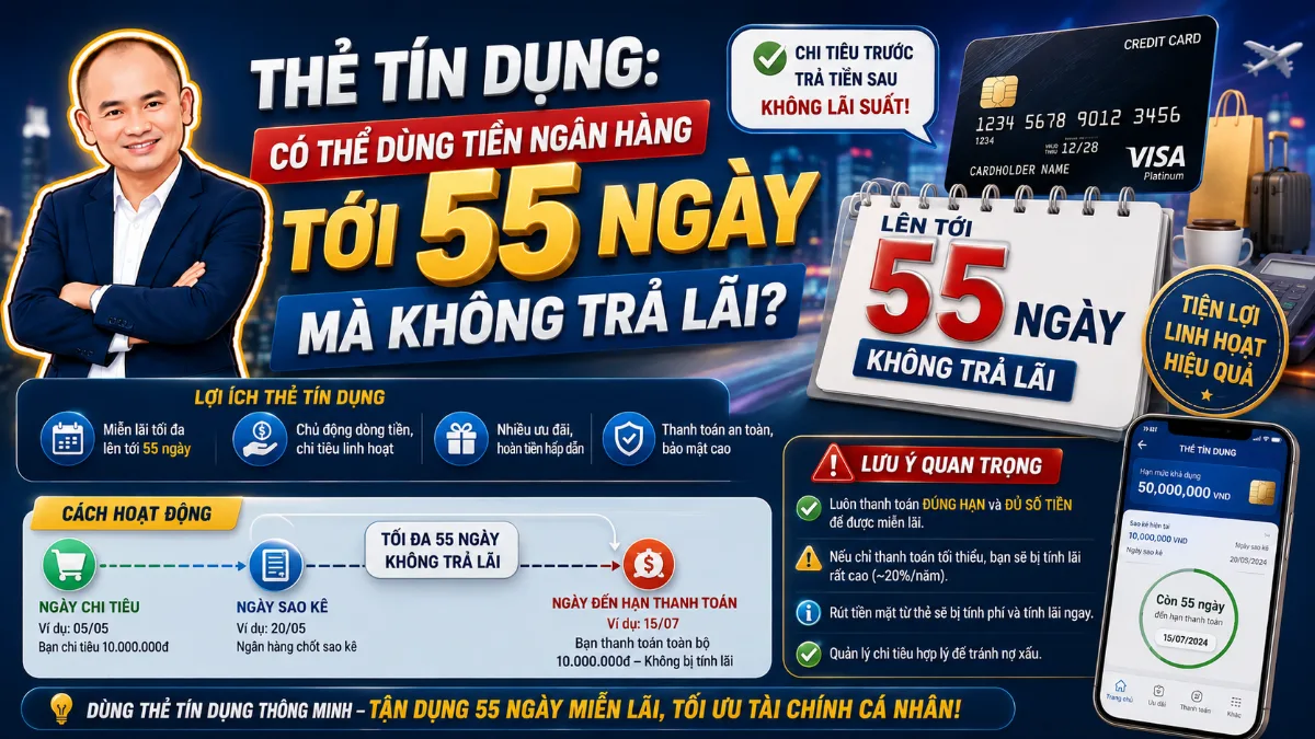 Thẻ tín dụng: Có thể dùng tiền ngân hàng tới 55 ngày mà không trả lãi?